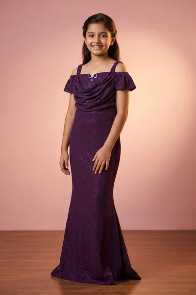 Purple Glitter Cold-Shoulder Mermaid Gown with Matching Arm Sleeves For Girls